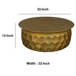 Jed 32 Inch Handcrafted Industrial Hammered Brass Round Coffee Table, Aluminum, Antique Brass-Benzara -Olsberg shop bf9e23399fd94feba622fd671f70b7b0