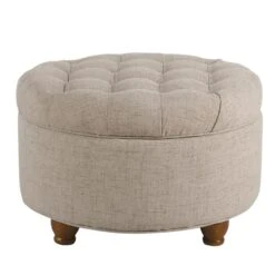 Fabric Upholstered Wooden Ottoman With Tufted Lift Off Lid Storage, Beige-Benzara