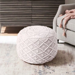 Homezia 18" White Cotton Blend Round Pouf Floral Ottoman -Olsberg shop c193f1d020fb442fbb463200b450aa48