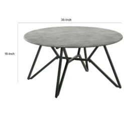 Dexi 36 Inch Coffee Table, Round Top, Geometric Metal Base, Cement Gray-Benzara 11 Dexi 36 Inch Coffee Table, Round Top, Geometric Metal Base, Cement Gray-Benzara -Olsberg shop c1f7c80e21d44ac386bc250a11977da0