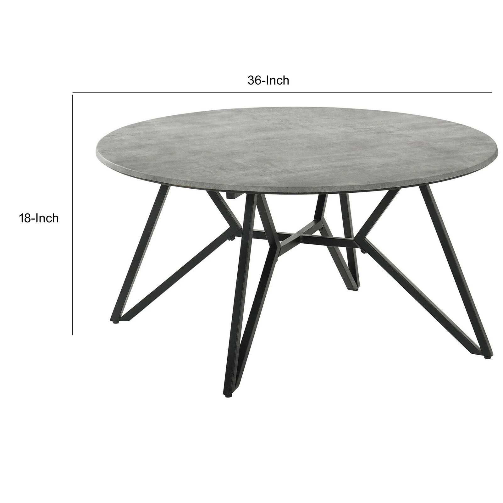 Dexi 36 Inch Coffee Table, Round Top, Geometric Metal Base, Cement Gray-Benzara 7 Dexi 36 Inch Coffee Table, Round Top, Geometric Metal Base, Cement Gray-Benzara - Image 5