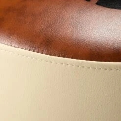 17 Inch Round Striped Paris Ottoman, Modern Brown And Beige Faux Leather-Benzara 10 17 Inch Round Striped Paris Ottoman, Modern Brown And Beige Faux Leather-Benzara -Olsberg shop c24b1dac7b5c4b7eab1cdc76329eeb18