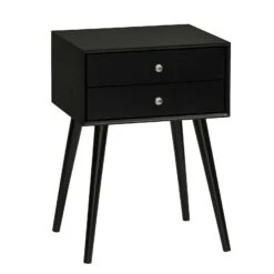Modern Side End Table With 2 Drawers, Nightstand With Solid Wood Legs, Living Room, Bedroom Furniture, Black