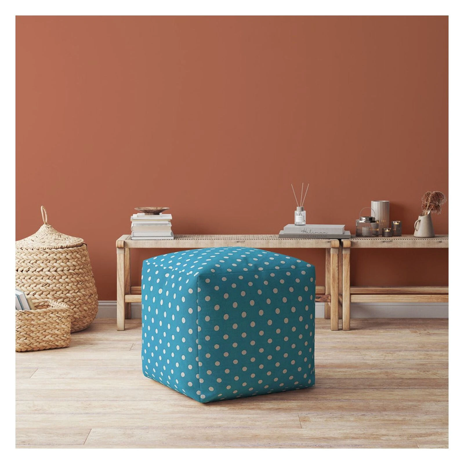 Homezia 17" Blue And White Cotton Polka Dots Pouf Ottoman 4 Homezia 17" Blue And White Cotton Polka Dots Pouf Ottoman - Image 2