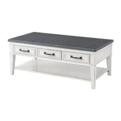 19 Inch 3 Drawer Coffee Table With Bottom Shelf, White And Gray-Benzara 8 19 Inch 3 Drawer Coffee Table With Bottom Shelf, White And Gray-Benzara -Olsberg shop c3420eb1c73942bc93af648ffed4fb79