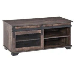 Farmhouse Coffee Table With Sliding Mesh Barn Door, Storage Cabinet, And Adjustable Shelves For Living Room, Dark Brown