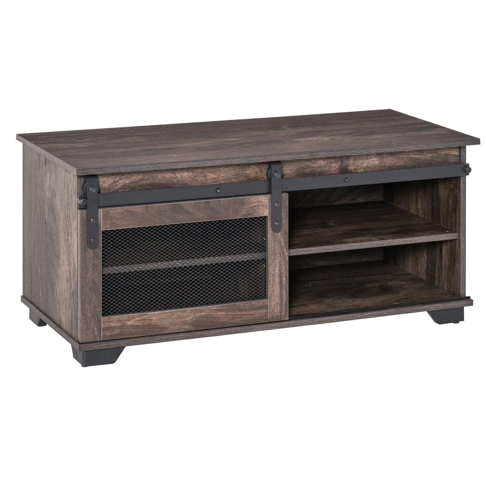 Farmhouse Coffee Table With Sliding Mesh Barn Door, Storage Cabinet, And Adjustable Shelves For Living Room, Dark Brown 3 Farmhouse Coffee Table With Sliding Mesh Barn Door, Storage Cabinet, And Adjustable Shelves For Living Room, Dark Brown