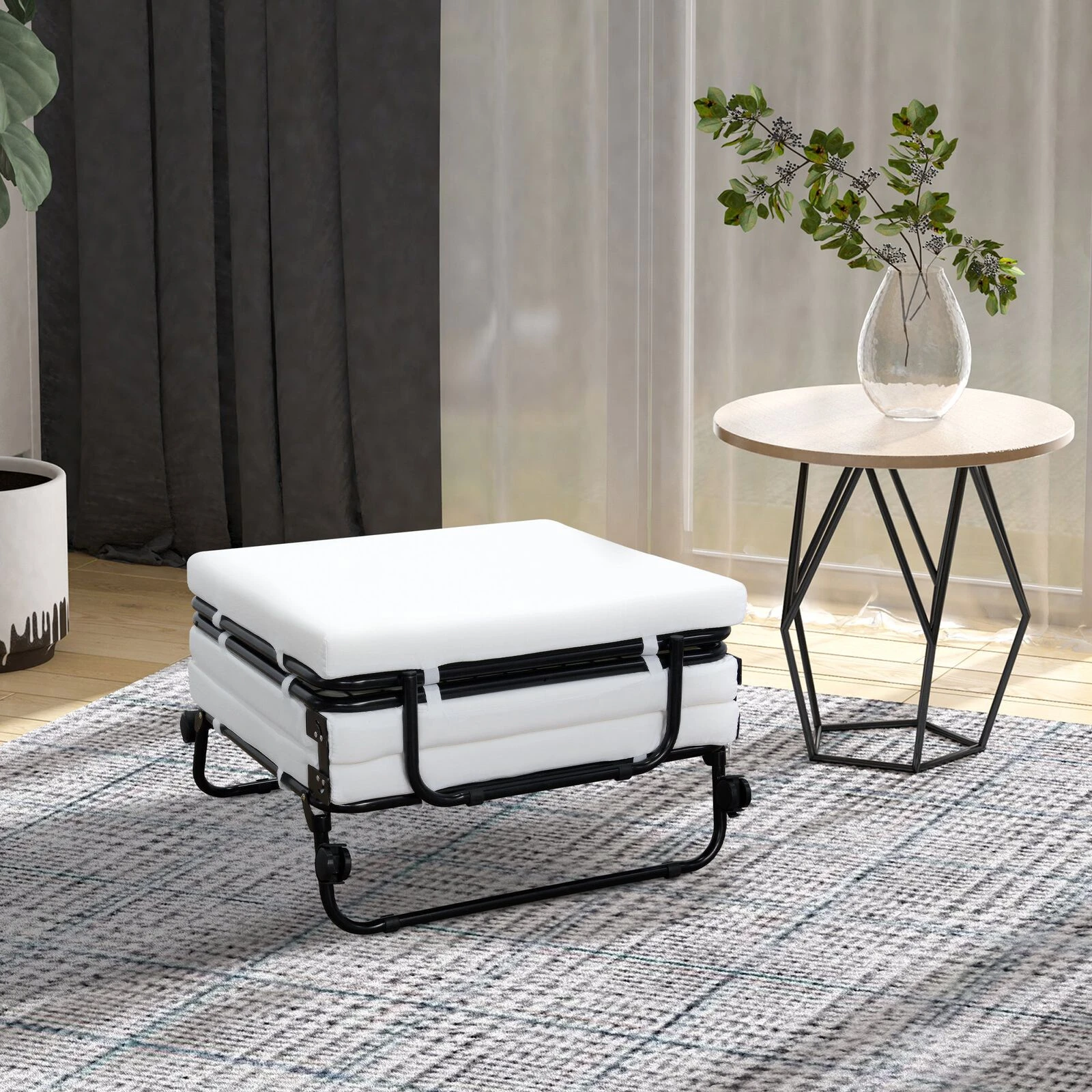 Portable Folding Bed, Single Guest Bed Convertible Sleeper Ottoman With Wheels, Mattress For Bedroom & Office, White 4 Portable Folding Bed, Single Guest Bed Convertible Sleeper Ottoman With Wheels, Mattress For Bedroom & Office, White - Image 2