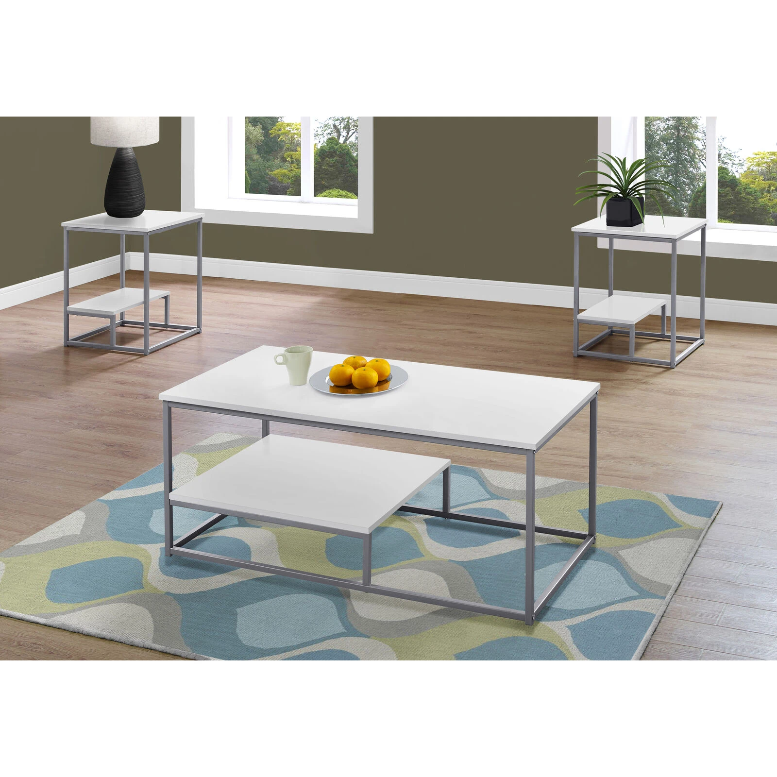 Monarch Specialties I 7961P Table Set, 3pcs Set, Coffee, End, Side, Accent, Living Room, Metal, Laminate, White, Grey, Contemporary, Modern 4 Monarch Specialties I 7961P Table Set, 3pcs Set, Coffee, End, Side, Accent, Living Room, Metal, Laminate, White, Grey, Contemporary, Modern - Image 2