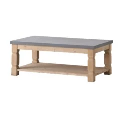 48 Inch Coffee Table, Rectangular, Concrete Top, Wood Frame, Rustic, Gray-Benzara