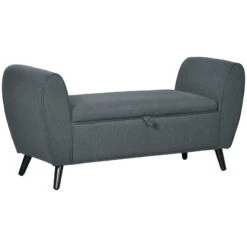 Modern Upholstered Storage Bench With Arms, Linen-Feel Fabric Ottoman Bench For Bedroom, Entryway, And Living Room, Dark Grey
