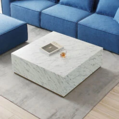 Modern Square Coffee Table Low Gloss Marble White Finish End Table For Living Room 39.37" W X 13.78" H -Olsberg shop cae44018c0154a4bba3f6fef7948eb22