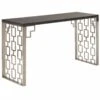 Wooden Top Metal Console Table With Lattice Cut Side Panel, Gray And Silver-Benzara 2 Wooden Top Metal Console Table With Lattice Cut Side Panel, Gray And Silver-Benzara -Olsberg shop caf08b337ce3438abe918a387fb3c258