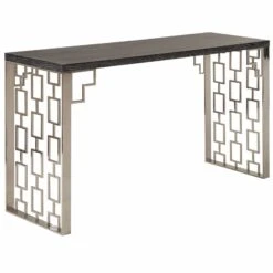 Wooden Top Metal Console Table With Lattice Cut Side Panel, Gray And Silver-Benzara