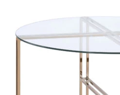 Coffee Table With X Shaped Metal Base And Round Glass Top, Gold-Benzara -Olsberg shop cb1e3d0fa6de40ed933120038a965639