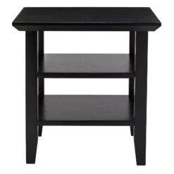 19 Inch Handcrafted Rubberwood Square Side End Table, 2 Shelves, Chamfered Legs, Black-Benzara