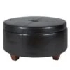 Leatherette Single Button Tufted Round Ottoman With Wooden Feet, Large, Black And Brown-Benzara 1 Leatherette Single Button Tufted Round Ottoman With Wooden Feet, Large, Black And Brown-Benzara -Olsberg shop ce03d93f4f3b4cbaace747e7b9be1481