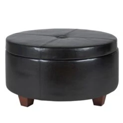 Leatherette Single Button Tufted Round Ottoman With Wooden Feet, Large, Black And Brown-Benzara