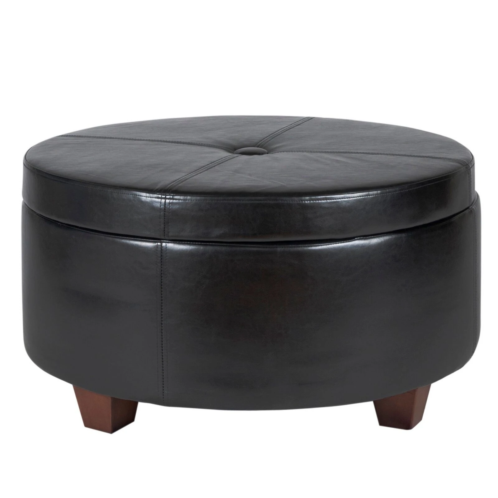 Leatherette Single Button Tufted Round Ottoman With Wooden Feet, Large, Black And Brown-Benzara 3 Leatherette Single Button Tufted Round Ottoman With Wooden Feet, Large, Black And Brown-Benzara
