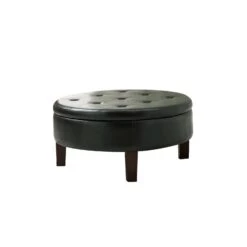 Traditional Round Tufted Storage Ottoman, Dark Brown-Benzara