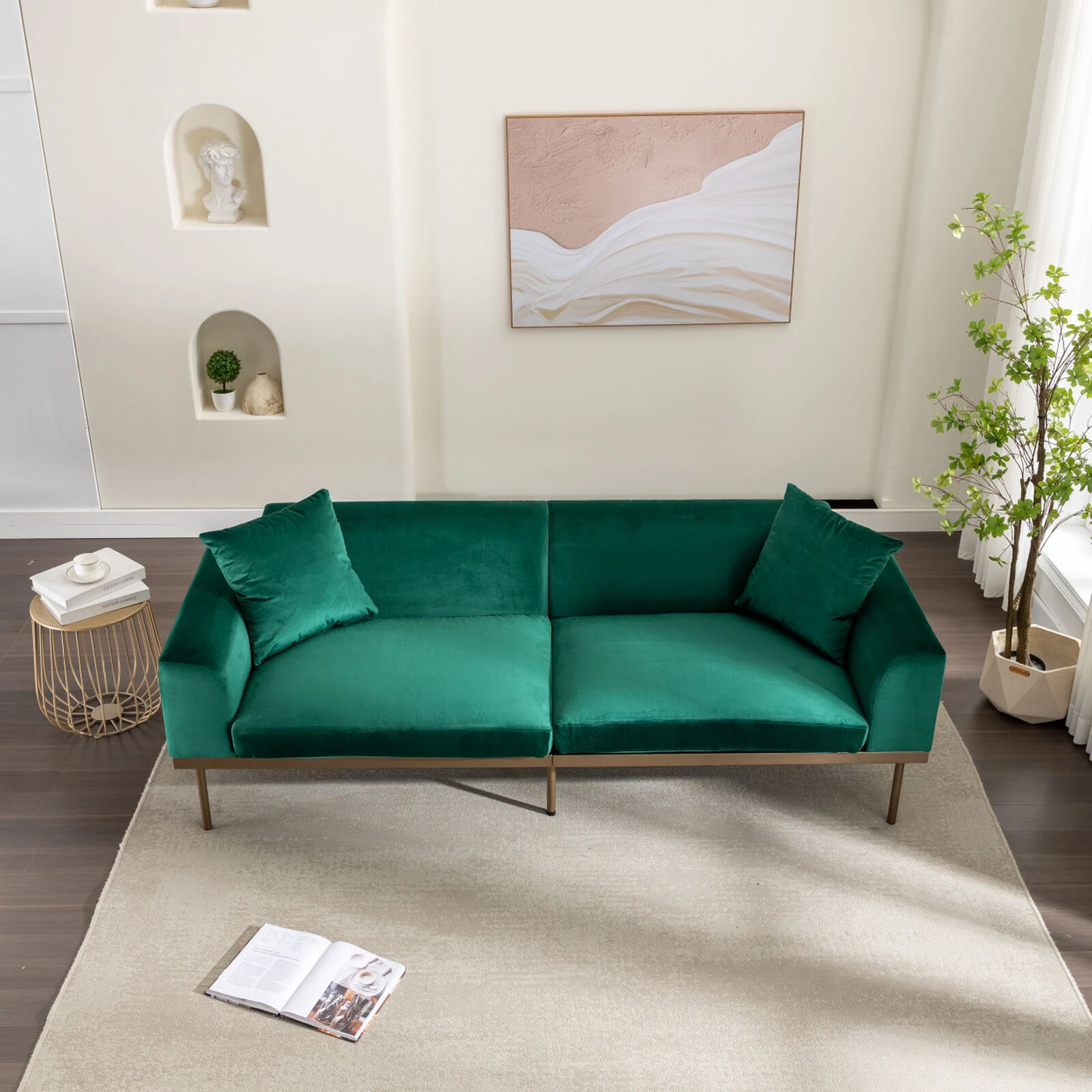 Modern Velvet Sofa With Metal Legs, Loveseat Sofa Couch With Two Pillows For Living Room And Bedroom, Green 10 Modern Velvet Sofa With Metal Legs, Loveseat Sofa Couch With Two Pillows For Living Room And Bedroom, Green - Image 8