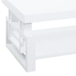 Contemporary Wooden Coffee End Table With Designer Sides & Shelf, Glossy White-Benzara -Olsberg shop d119487cd86e47dd88c731552c3c742e