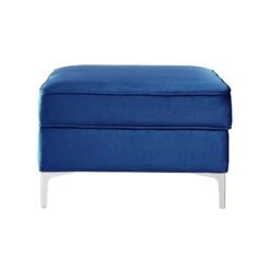 Homezia 30" Navy Blue Velvet And Silver Storage Ottoman