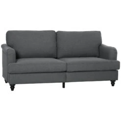 Grey 3-Seater Sofa Couch, 71" Modern Linen Fabric Sofa With Rubber Wood Legs And Slatted Frame