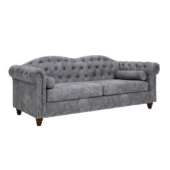 Classic Traditional Living Room Upholstered Sofa With High-tech Fabric Surface/ Chesterfield Tufted Fabric Sofa Couch, Large-Grey
