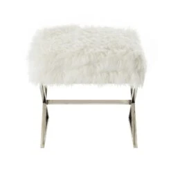 Homezia 18" White Faux Fur With Silver Ottoman -Olsberg shop d42e38b6aa1b4de9b4a4f927e3bcd602