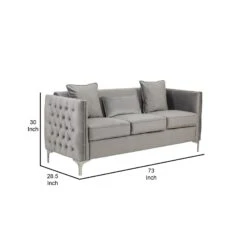Joel 73 Inch Modern Sofa With 3 Pillows, Tufted Gray Velvet, Silver Legs-Benzara 11 Joel 73 Inch Modern Sofa With 3 Pillows, Tufted Gray Velvet, Silver Legs-Benzara -Olsberg shop d719c4d0ad554a2b96a94630777ca6eb