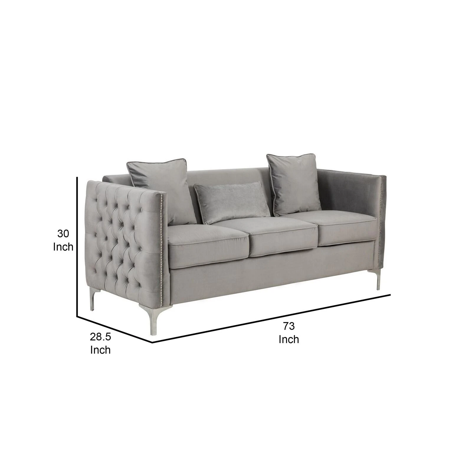 Joel 73 Inch Modern Sofa With 3 Pillows, Tufted Gray Velvet, Silver Legs-Benzara 7 Joel 73 Inch Modern Sofa With 3 Pillows, Tufted Gray Velvet, Silver Legs-Benzara - Image 5