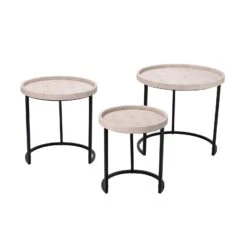 Side Table With Faux Shagreen Accent, Set Of 3, Beige- Benzara