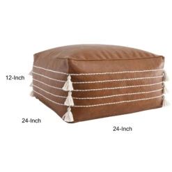 24 Inch Square Vegan Faux Leather Pouf, Yarn Embroidery, Tassels, Brown-Benzara -Olsberg shop d9becd1ba8e04962bab1b5e81263dd98