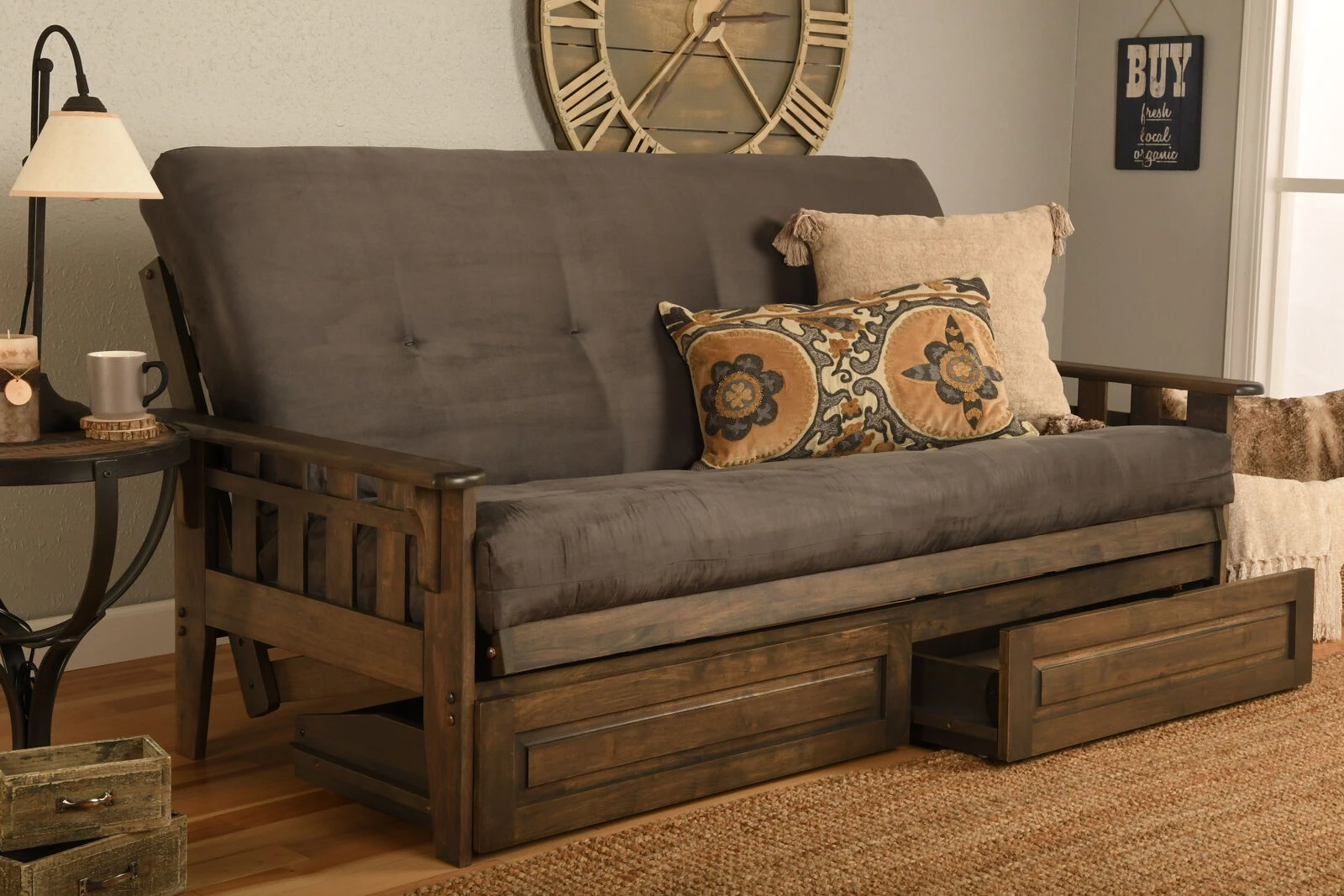 Tucson Futon In Rustic Walnut Finish With Storage Drawers And Suede Gray Mattress 4 Tucson Futon In Rustic Walnut Finish With Storage Drawers And Suede Gray Mattress - Image 2