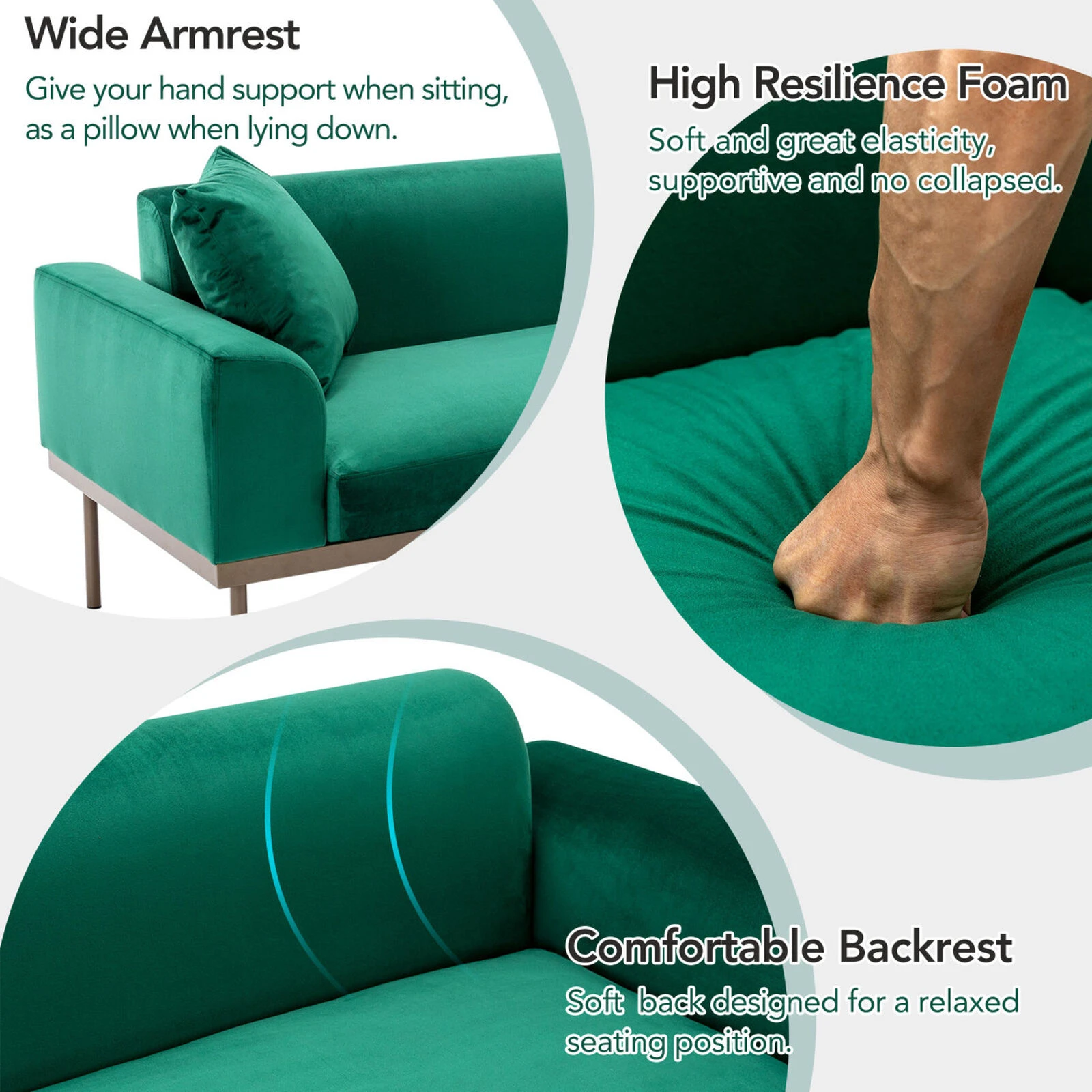 Modern Velvet Sofa With Metal Legs, Loveseat Sofa Couch With Two Pillows For Living Room And Bedroom, Green 6 Modern Velvet Sofa With Metal Legs, Loveseat Sofa Couch With Two Pillows For Living Room And Bedroom, Green - Image 4
