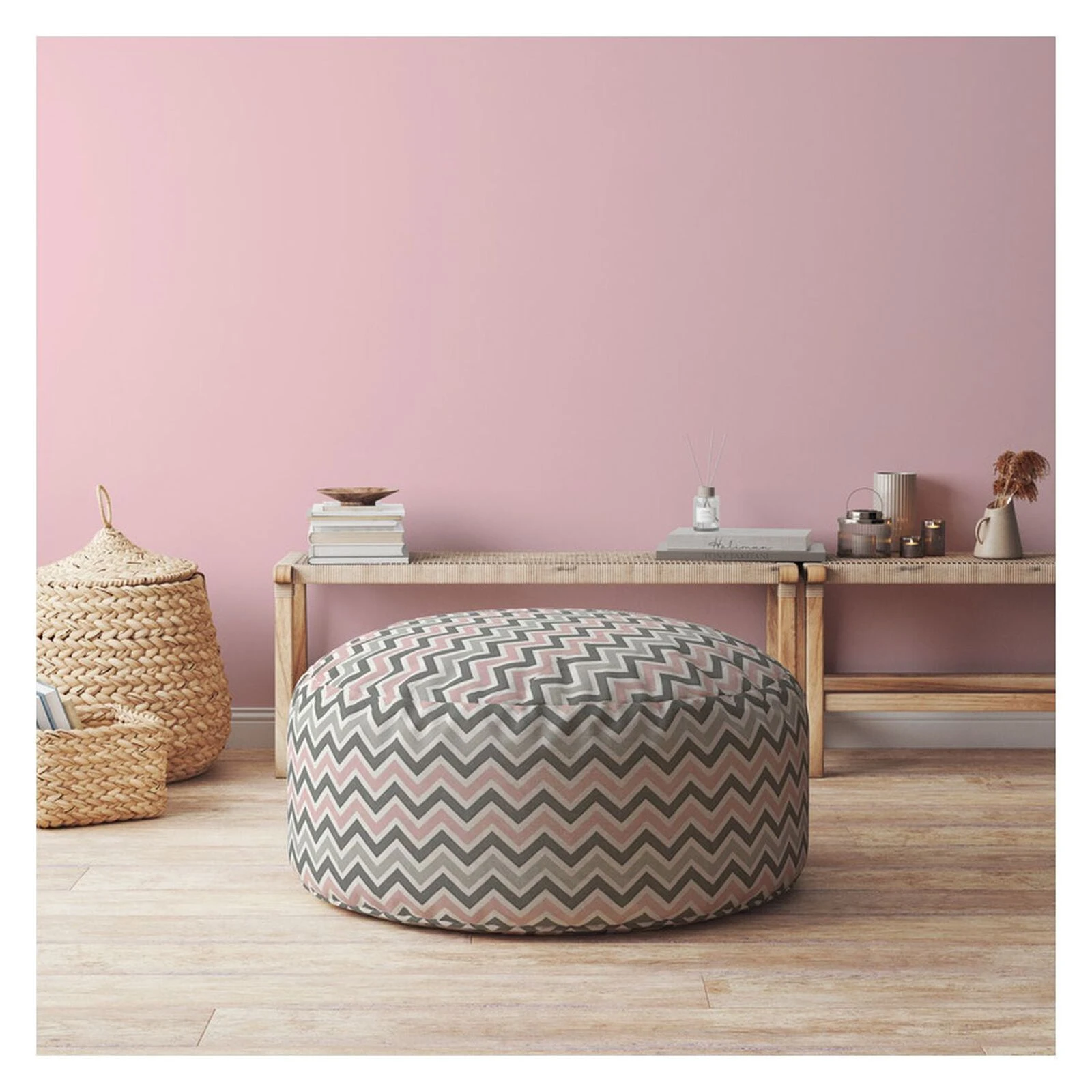 Homezia 24" Twill Round Chevron Pouf Ottoman 4 Homezia 24" Twill Round Chevron Pouf Ottoman - Image 2