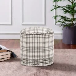 Elly 20 Inch Plaid Fabric Ottoman, Round, Nailhead Accents, Gray, White-Benzara 13 Elly 20 Inch Plaid Fabric Ottoman, Round, Nailhead Accents, Gray, White-Benzara -Olsberg shop df1d3a5679bc4771938bb11e2e372b84