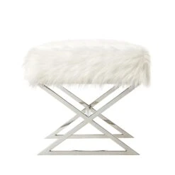 Homezia 18" White Faux Fur With Silver Ottoman