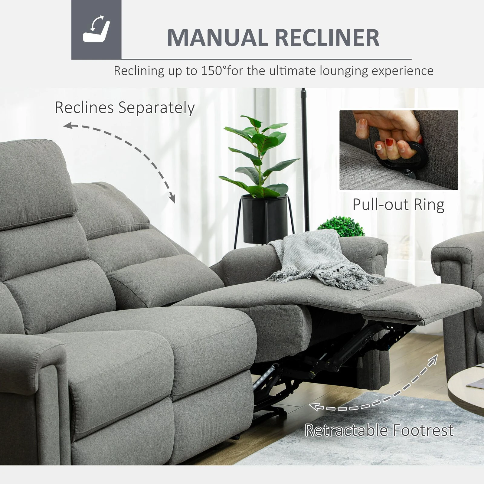 Modern 3 Seater Manual Reclining Sofa Lounger With Easy Pull Handles, And Adjustable Footrest, Grey 7 Modern 3 Seater Manual Reclining Sofa Lounger With Easy Pull Handles, And Adjustable Footrest, Grey - Image 5