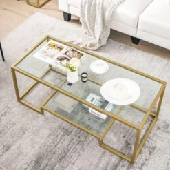 Modern 2-Tier Rectangular Coffee Table With Glass Table Top-Golden 10 Modern 2-Tier Rectangular Coffee Table With Glass Table Top-Golden -Olsberg shop e2dc98b39c8844bfa8c5e79121578bd3
