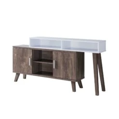 2 Tier Console Table With 4 Compartments And Cabinets, White And Brown-Benzara