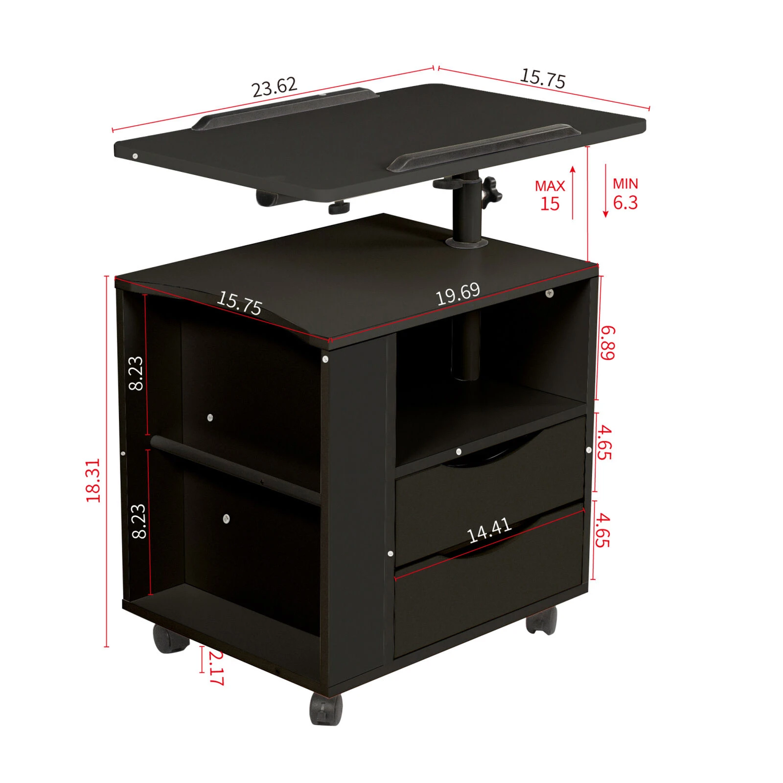 Height Adjustable Overbed End Table Wooden Nightstand With Swivel Top, Drawers, Wheels And Open Shelf, Black 8 Height Adjustable Overbed End Table Wooden Nightstand With Swivel Top, Drawers, Wheels And Open Shelf, Black - Image 6