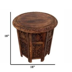 18 Inch Mango Wood Folding Accent Table, Hand Carved, Walnut Brown-Benzara 18 18 Inch Mango Wood Folding Accent Table, Hand Carved, Walnut Brown-Benzara -Olsberg shop e6e14d3115254b59ac72b50e5ce3a132