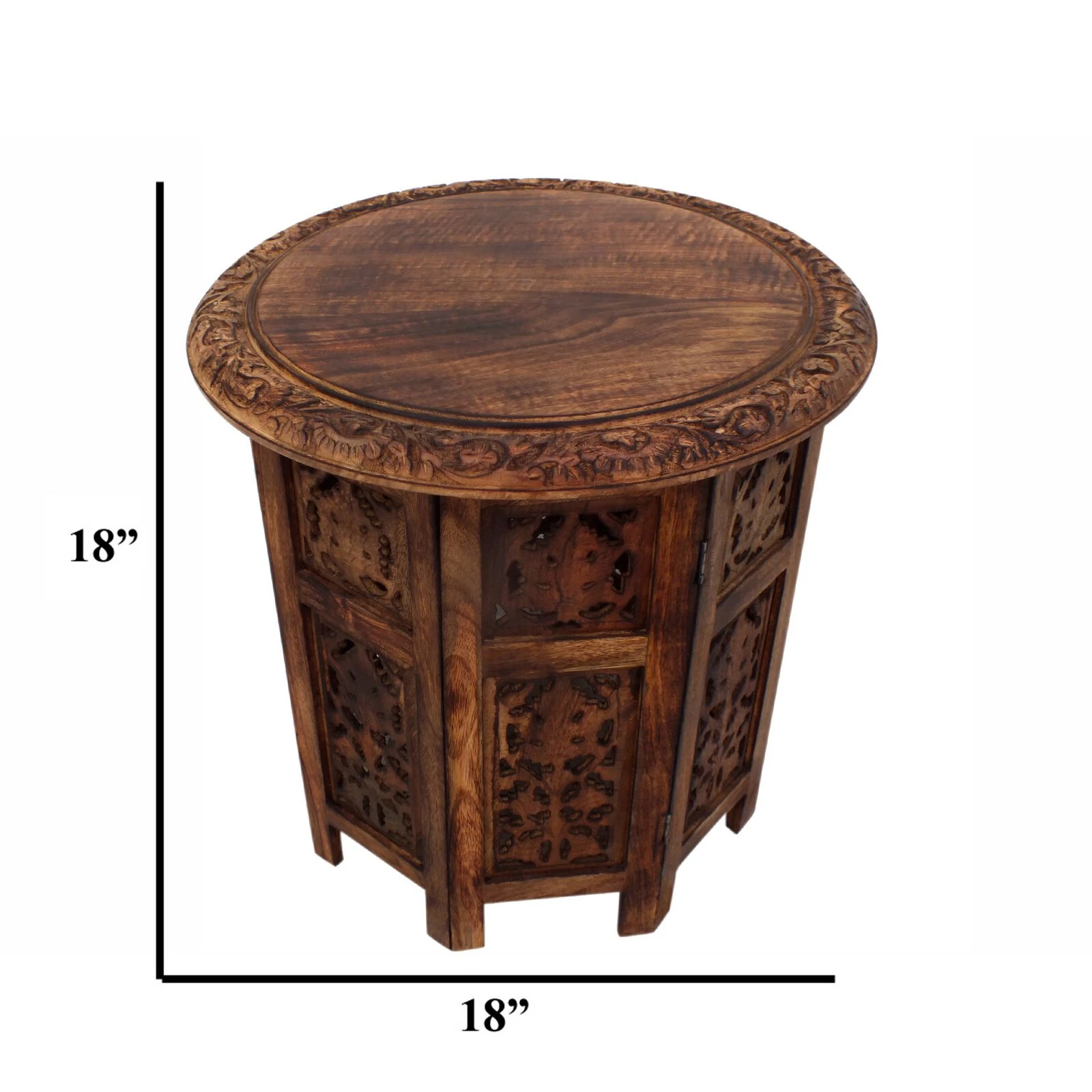 18 Inch Mango Wood Folding Accent Table, Hand Carved, Walnut Brown-Benzara 10 18 Inch Mango Wood Folding Accent Table, Hand Carved, Walnut Brown-Benzara - Image 8