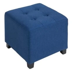 Tufted Ottoman Linen-Touch Fabric Upholstered Footrest Stool With Anti-Slip Pads, Blue
