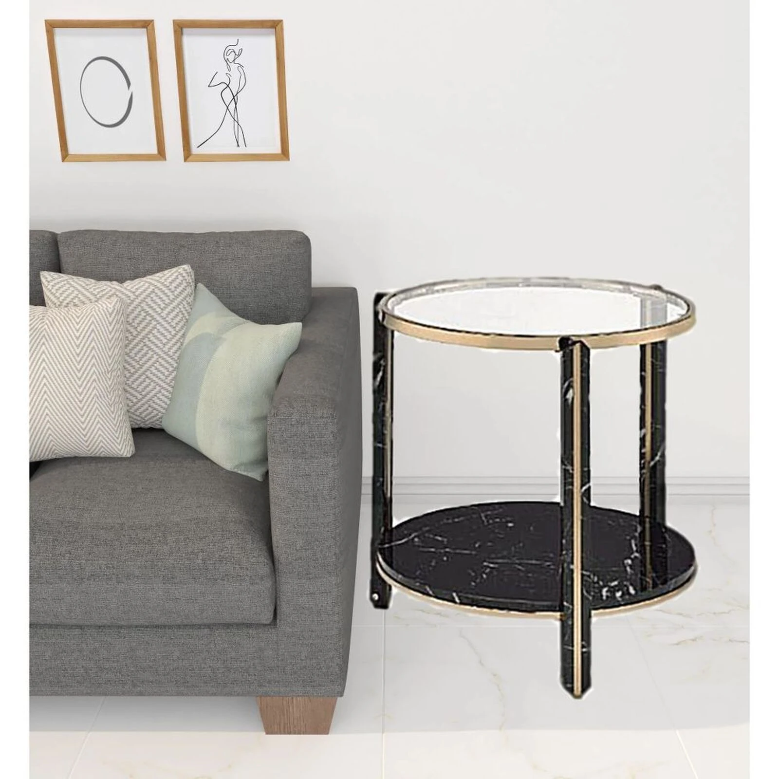 Homezia 24" Champagne And Clear Glass And Metal Round End Table With Shelf 4 Homezia 24" Champagne And Clear Glass And Metal Round End Table With Shelf - Image 2