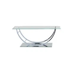 Tempered Glass Top Coffee Table With U Shape Metal Frame, Chrome And Clear-Benzara
