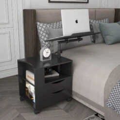 Height Adjustable Overbed End Table Wooden Nightstand With Swivel Top, Drawers, Wheels And Open Shelf, Black 15 Height Adjustable Overbed End Table Wooden Nightstand With Swivel Top, Drawers, Wheels And Open Shelf, Black -Olsberg shop eead80259e9c48dabd8a18c433896da8