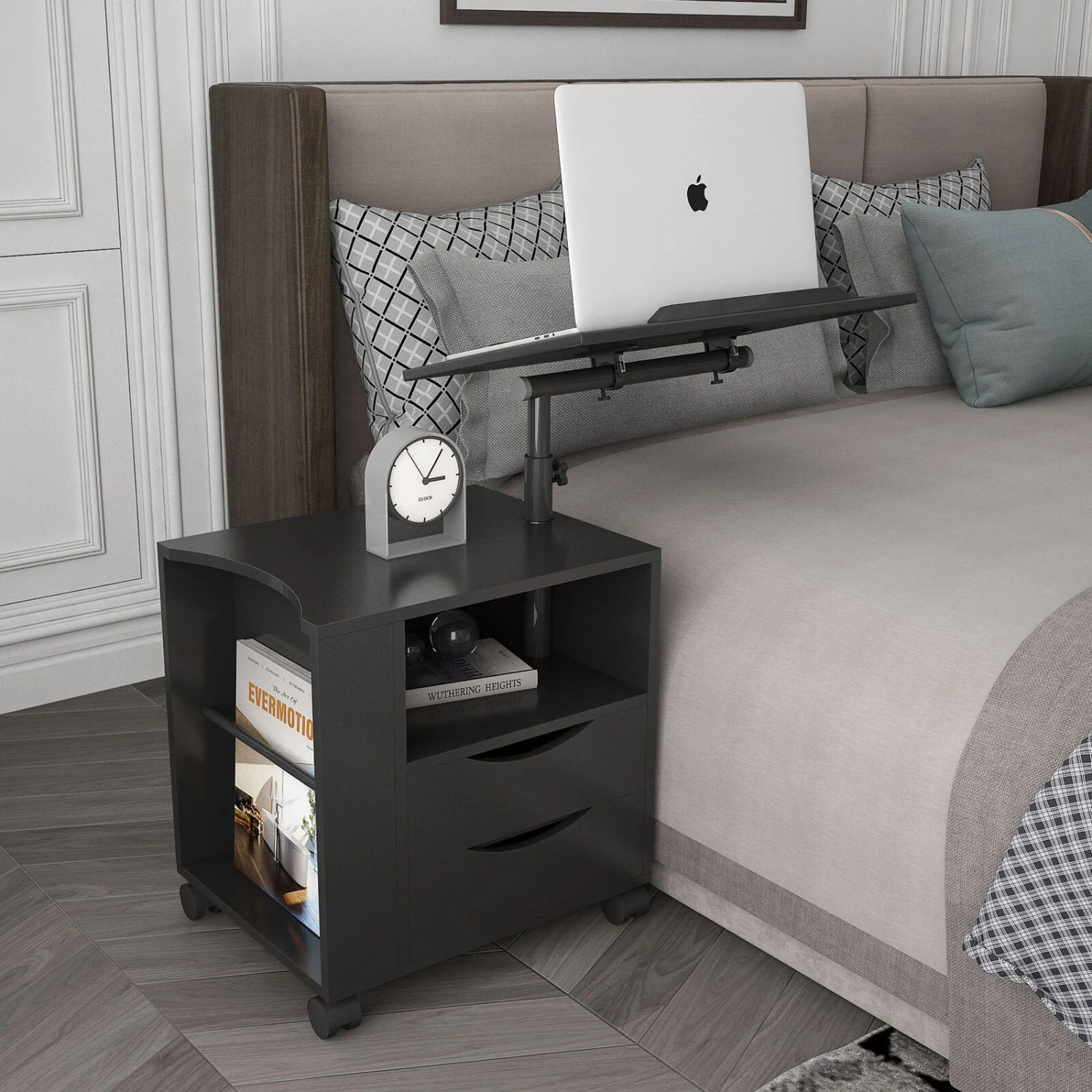 Height Adjustable Overbed End Table Wooden Nightstand With Swivel Top, Drawers, Wheels And Open Shelf, Black 9 Height Adjustable Overbed End Table Wooden Nightstand With Swivel Top, Drawers, Wheels And Open Shelf, Black - Image 7